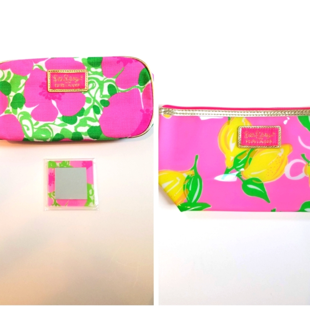 2 New Lilly Pulitzer For Estee Lauder Cosmetic Bags -  1 w/ mirror, 1 waterproof